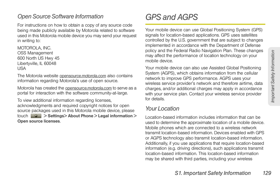 Open source software information, Gps and agps, Your location | Motorola I1 User Manual | Page 139 / 151