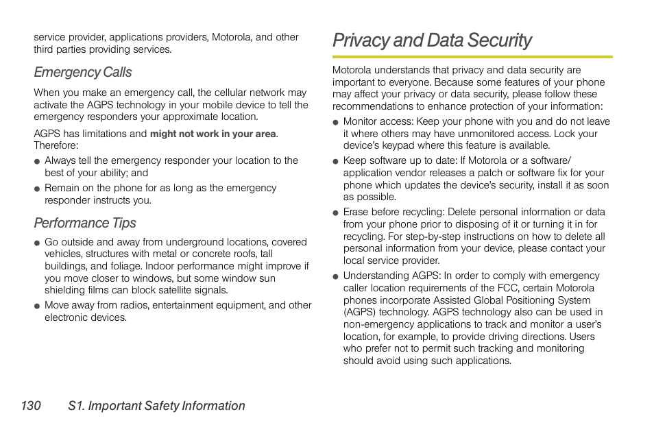 Emergency calls, Performance tips, Privacy and data security | Motorola I1 User Manual | Page 140 / 151