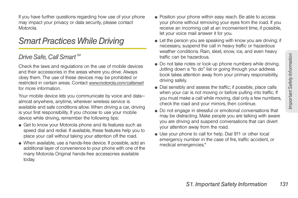 Smart practices while driving, Drive safe, call smart sm, Drive safe, call smart | Motorola I1 User Manual | Page 141 / 151