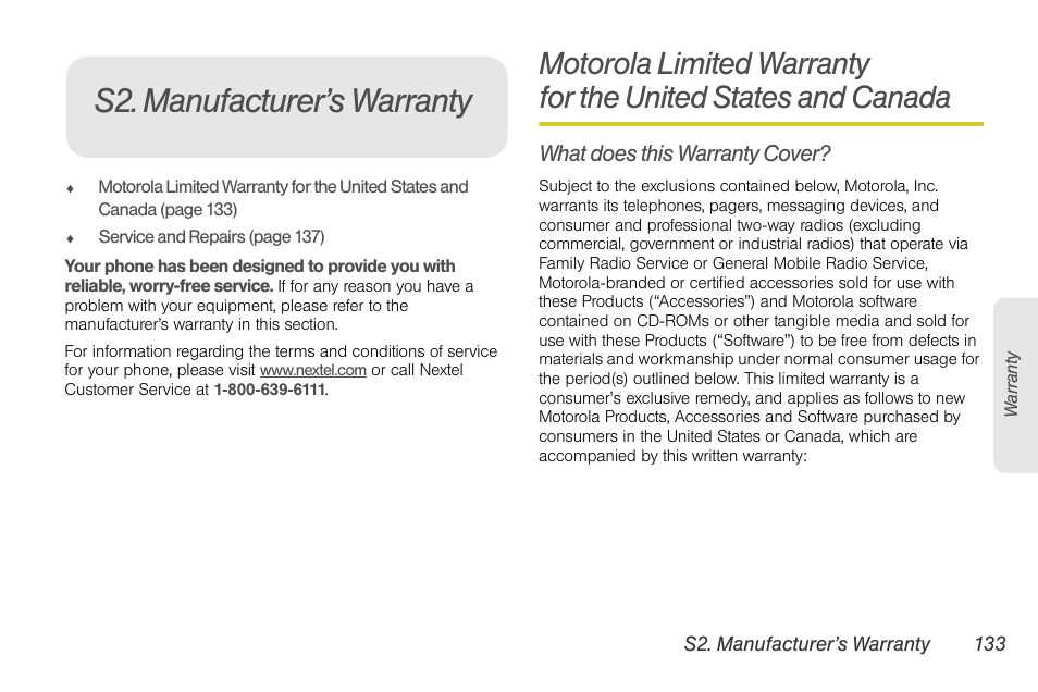 S2. manufacturer’s warranty, What does this warranty cover | Motorola I1 User Manual | Page 143 / 151