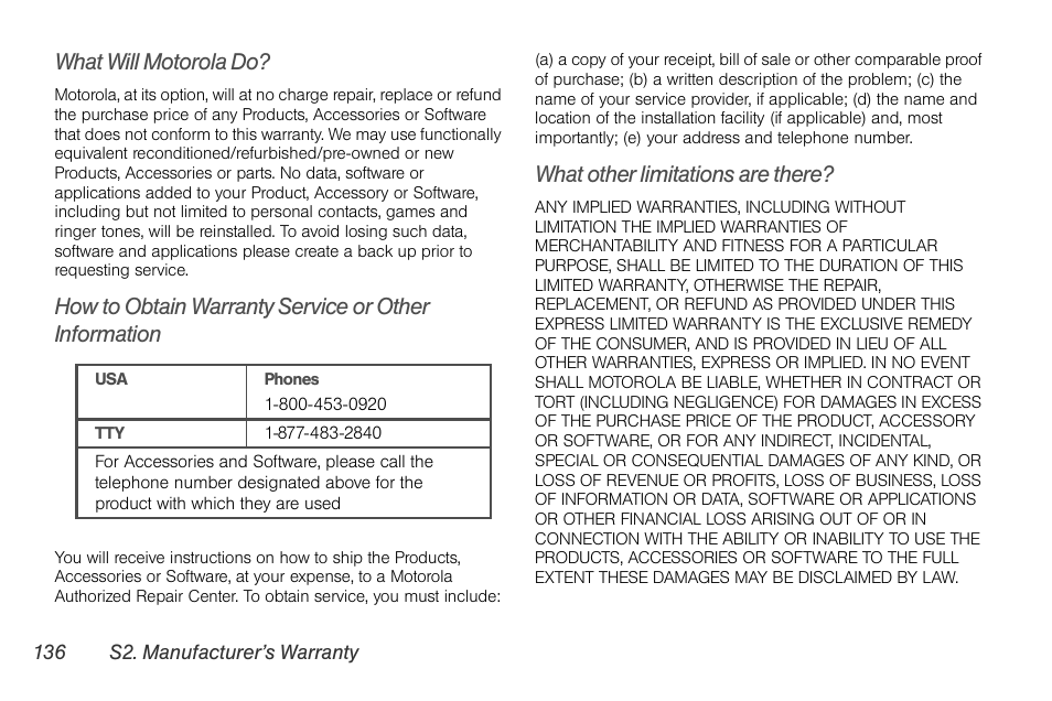 What will motorola do, What other limitations are there | Motorola I1 User Manual | Page 146 / 151