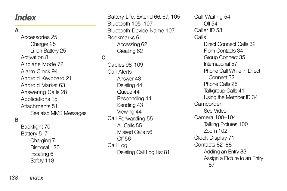 Index | Motorola I1 User Manual | Page 148 / 151