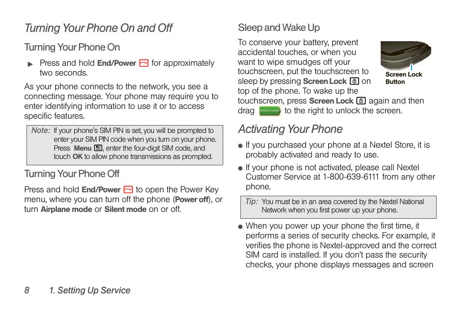 Turning your phone on and off, Activating your phone, Turning your phone on | Turning your phone off, Sleep and wake up | Motorola I1 User Manual | Page 18 / 151