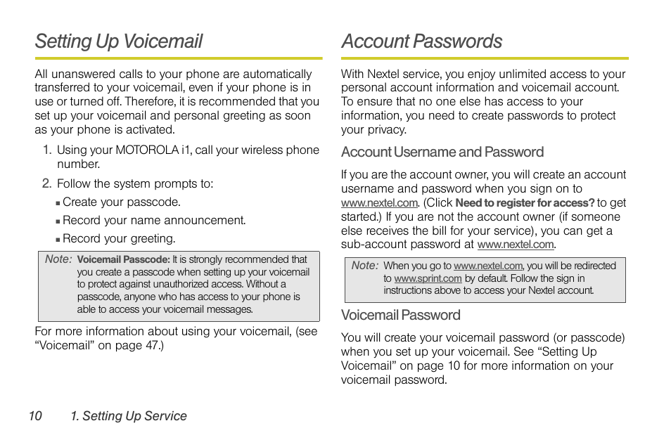 Setting up voicemail, Account passwords | Motorola I1 User Manual | Page 20 / 151