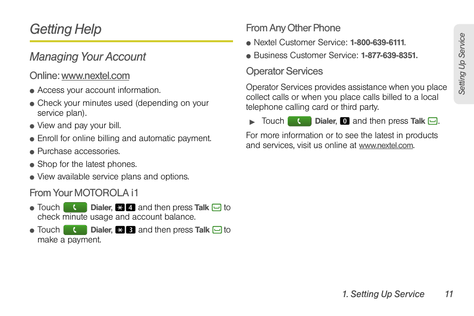 Getting help, Managing your account, Operator services | Motorola I1 User Manual | Page 21 / 151