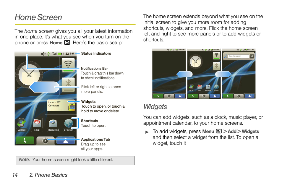 Home screen, Widgets, 14 2. phone basics | Motorola I1 User Manual | Page 24 / 151