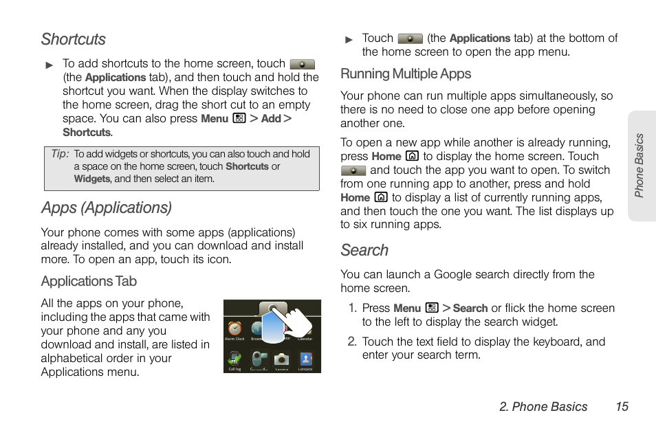 Shortcuts, Apps (applications), Search | Applications tab, Running multiple apps | Motorola I1 User Manual | Page 25 / 151