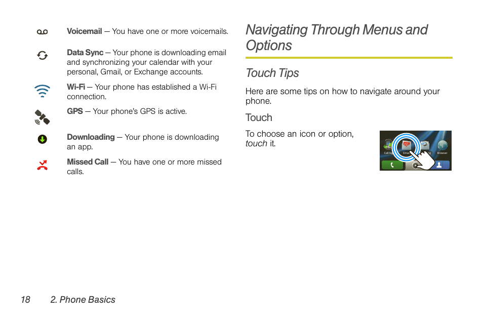 Navigating through menus and options, Touch tips, Touch | 18 2. phone basics | Motorola I1 User Manual | Page 28 / 151