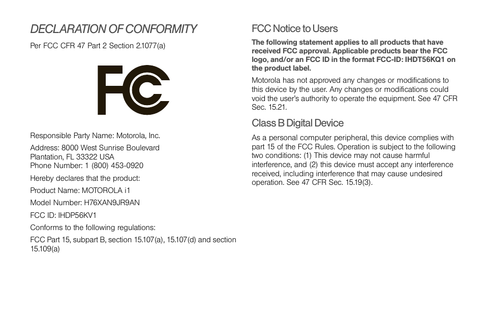 Declaration of conformity, Fcc notice to users, Class b digital device | Motorola I1 User Manual | Page 3 / 151