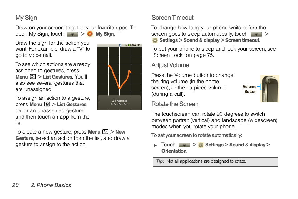 My sign, Screen timeout, Adjust volume | Rotate the screen | Motorola I1 User Manual | Page 30 / 151