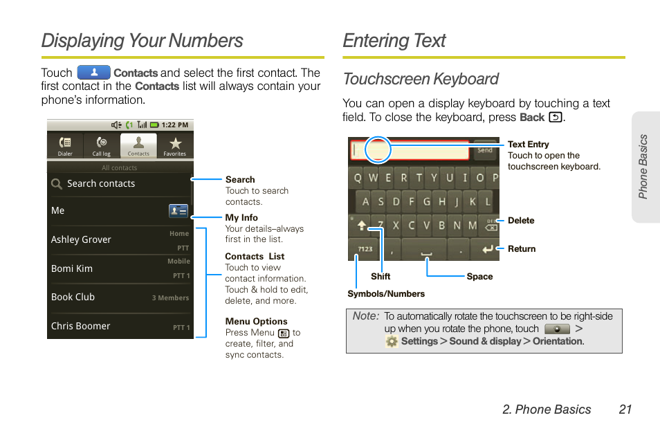 Displaying your numbers, Entering text, Touchscreen keyboard | Phone basics 21 | Motorola I1 User Manual | Page 31 / 151