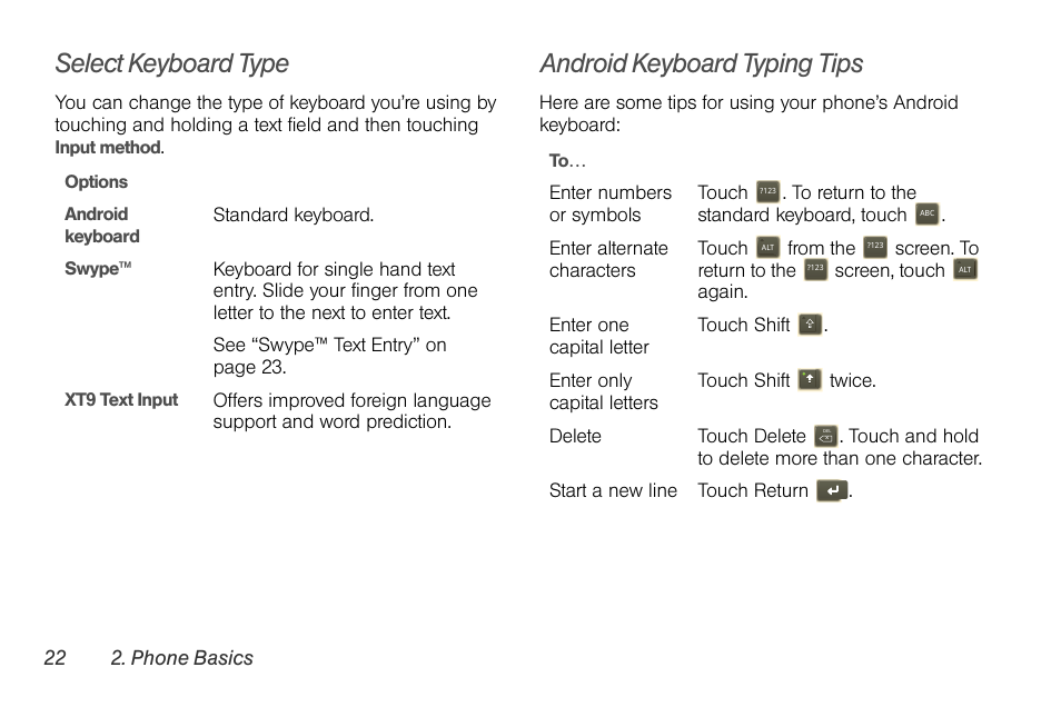 Select keyboard type, Android keyboard typing tips | Motorola I1 User Manual | Page 32 / 151