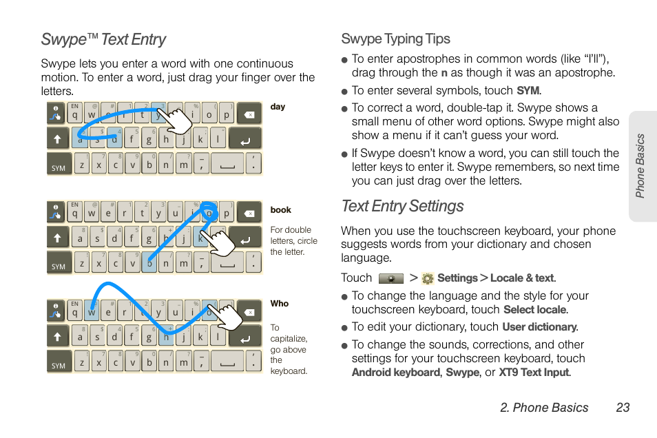 Swype™ text entry, Text entry settings, Swype typing tips | Phone basics 23, As though it was an apostrophe | Motorola I1 User Manual | Page 33 / 151