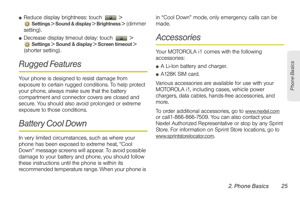 Rugged features, Battery cool down, Accessories | Motorola I1 User Manual | Page 35 / 151