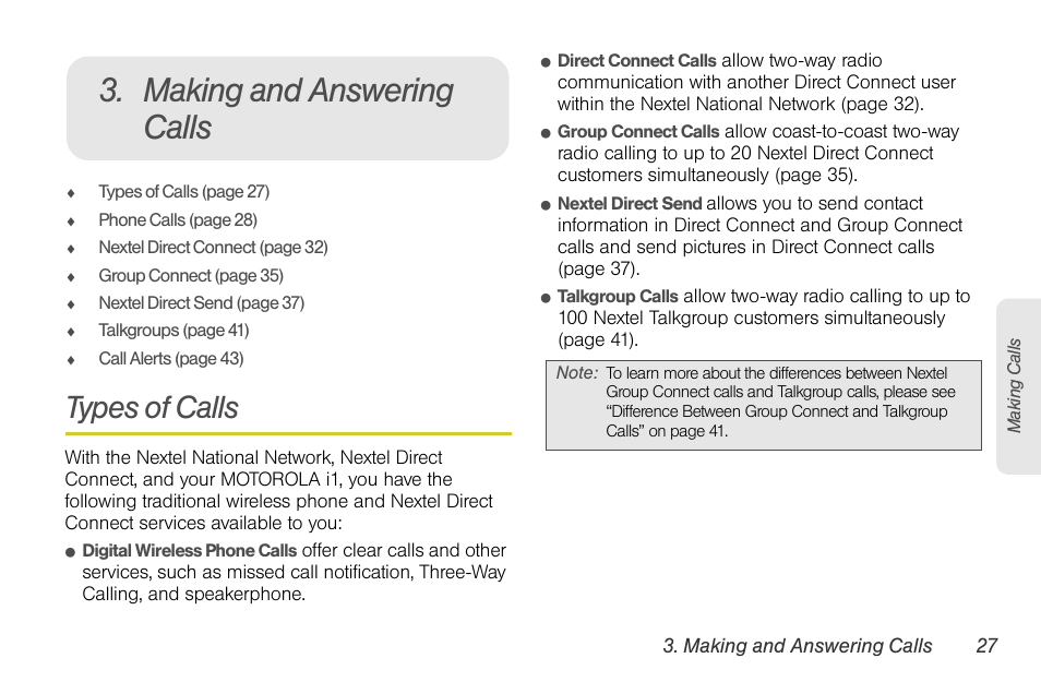 Making and answering calls, Types of calls | Motorola I1 User Manual | Page 37 / 151