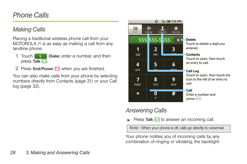 Phone calls, Making calls, Answering calls | Motorola I1 User Manual | Page 38 / 151