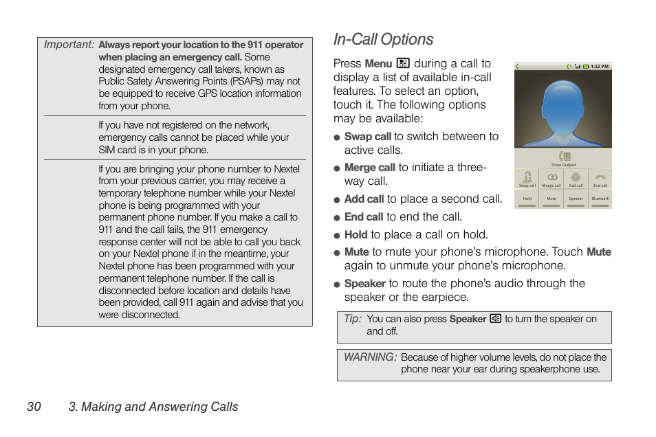 In-call options, 30 3. making and answering calls | Motorola I1 User Manual | Page 40 / 151