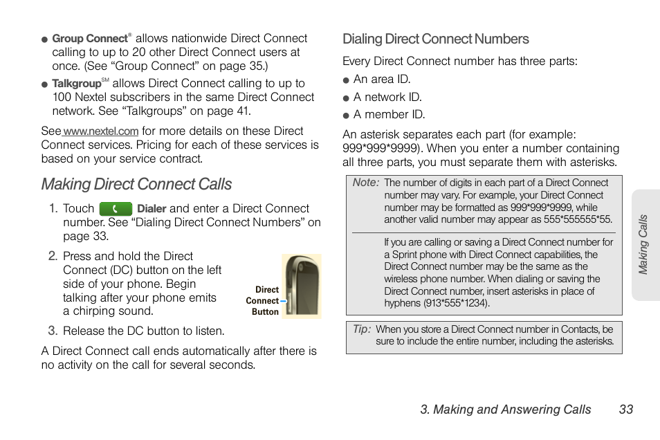 Making direct connect calls, Dialing direct connect numbers | Motorola I1 User Manual | Page 43 / 151