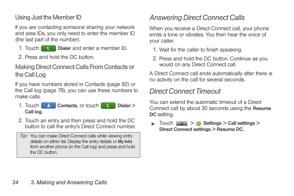 Answering direct connect calls, Direct connect timeout | Motorola I1 User Manual | Page 44 / 151