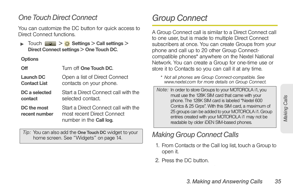 One touch direct connect, Group connect, Making group connect calls | Motorola I1 User Manual | Page 45 / 151