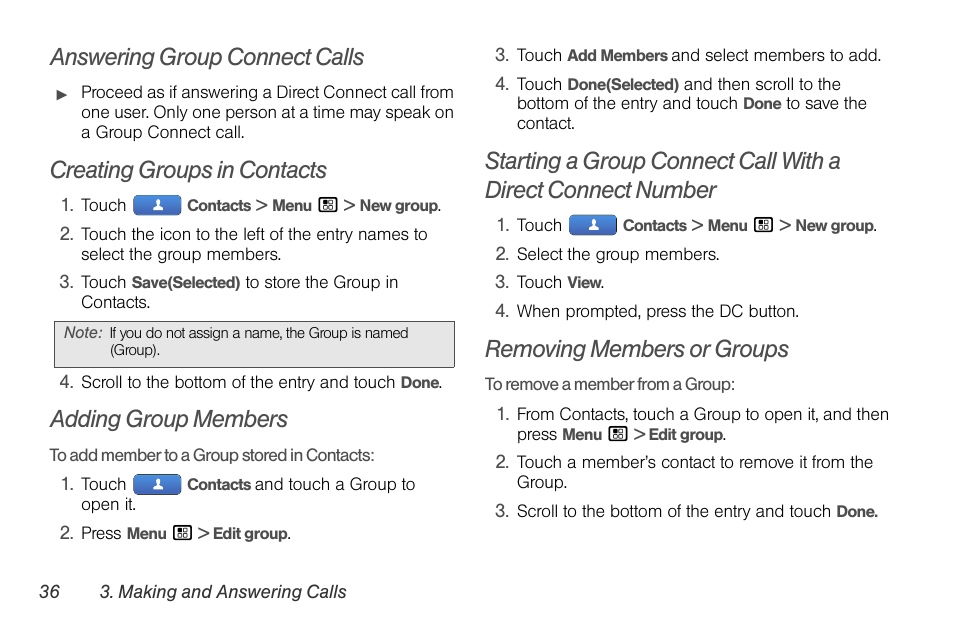 Answering group connect calls, Creating groups in contacts, Adding group members | Removing members or groups | Motorola I1 User Manual | Page 46 / 151