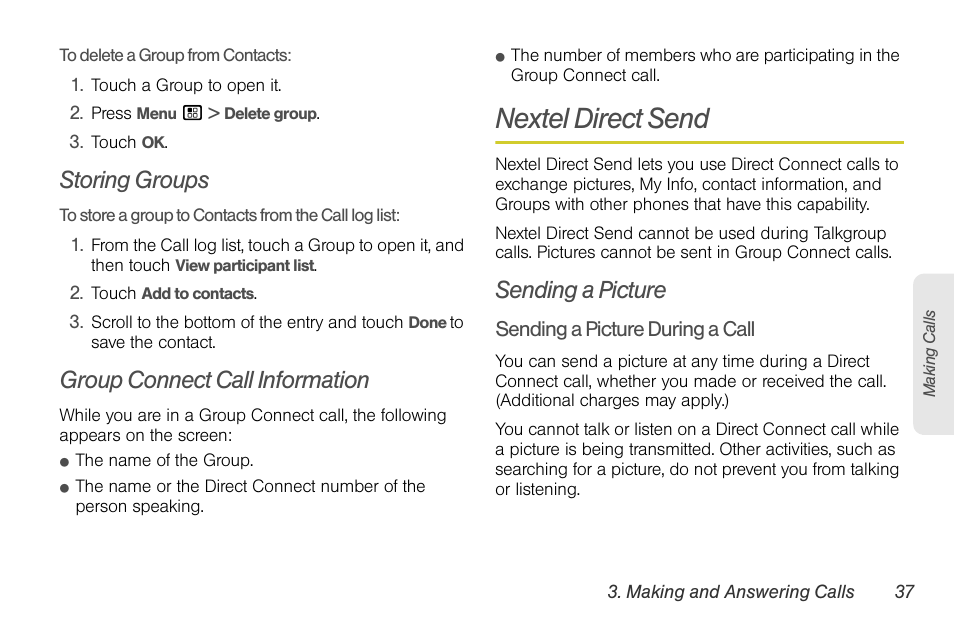 Storing groups, Group connect call information, Nextel direct send | Sending a picture | Motorola I1 User Manual | Page 47 / 151