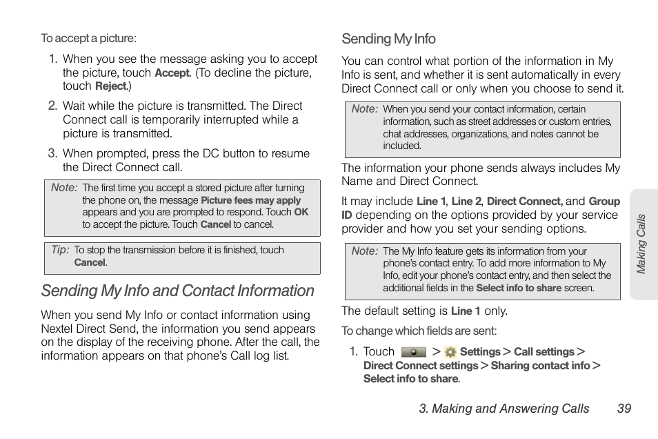 Sending my info and contact information, Sending my info | Motorola I1 User Manual | Page 49 / 151