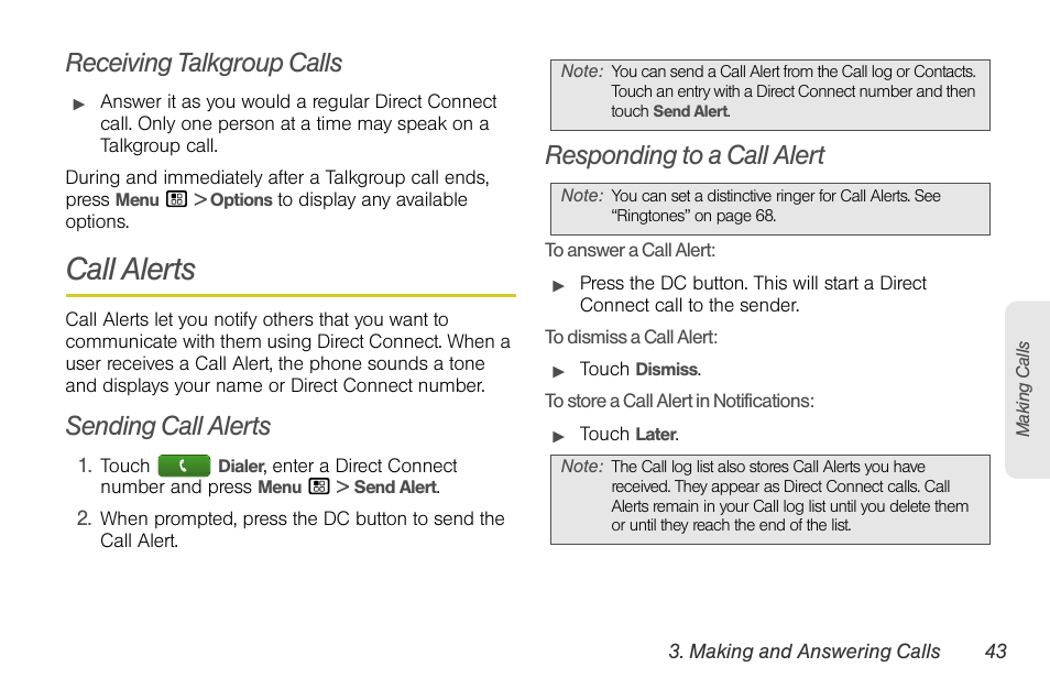 Receiving talkgroup calls, Call alerts, Sending call alerts | Responding to a call alert | Motorola I1 User Manual | Page 53 / 151