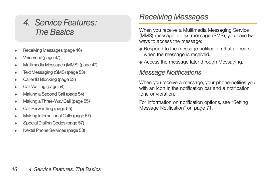 Service features: the basics, Receiving messages, Message notifications | Motorola I1 User Manual | Page 56 / 151