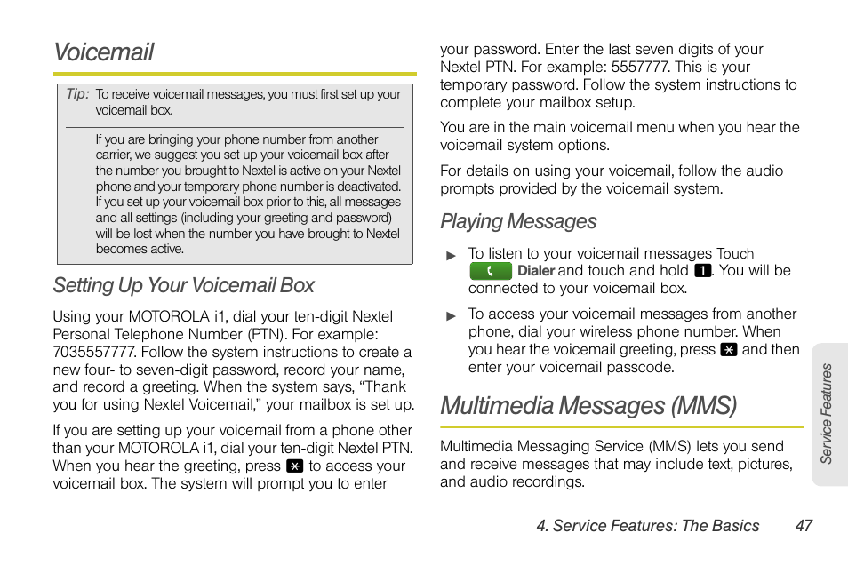 Voicemail, Setting up your voicemail box, Playing messages | Multimedia messages (mms) | Motorola I1 User Manual | Page 57 / 151