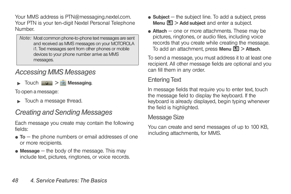 Accessing mms messages, Creating and sending messages, Entering text | Message size | Motorola I1 User Manual | Page 58 / 151