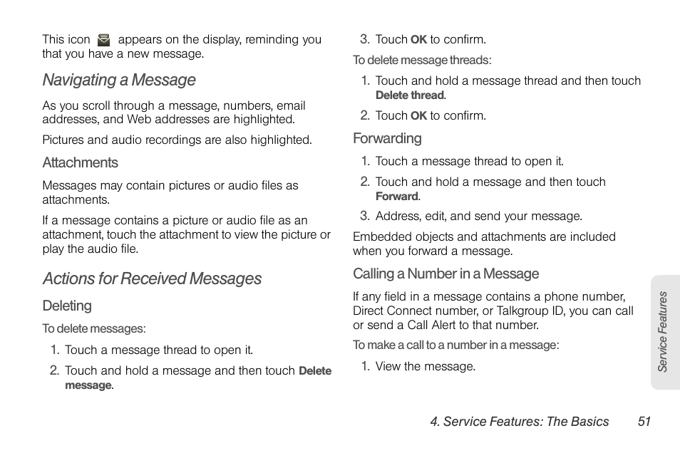 Navigating a message, Actions for received messages | Motorola I1 User Manual | Page 61 / 151