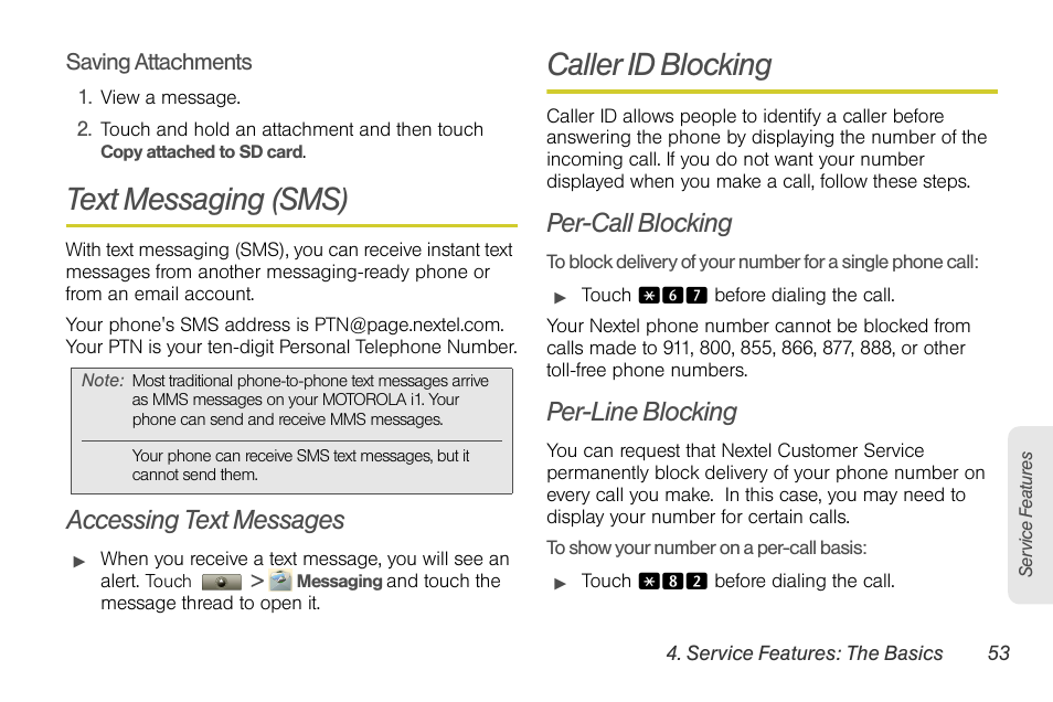 Text messaging (sms), Accessing text messages, Caller id blocking | Per-call blocking, Per-line blocking | Motorola I1 User Manual | Page 63 / 151