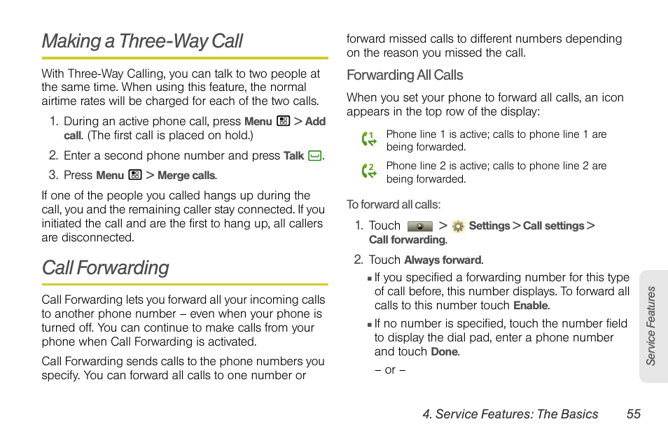 Making a three-way call, Call forwarding | Motorola I1 User Manual | Page 65 / 151