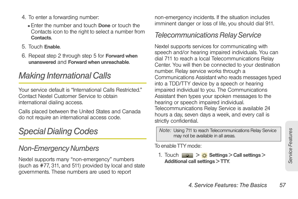 Making international calls, Special dialing codes, Non-emergency numbers | Telecommunications relay service | Motorola I1 User Manual | Page 67 / 151