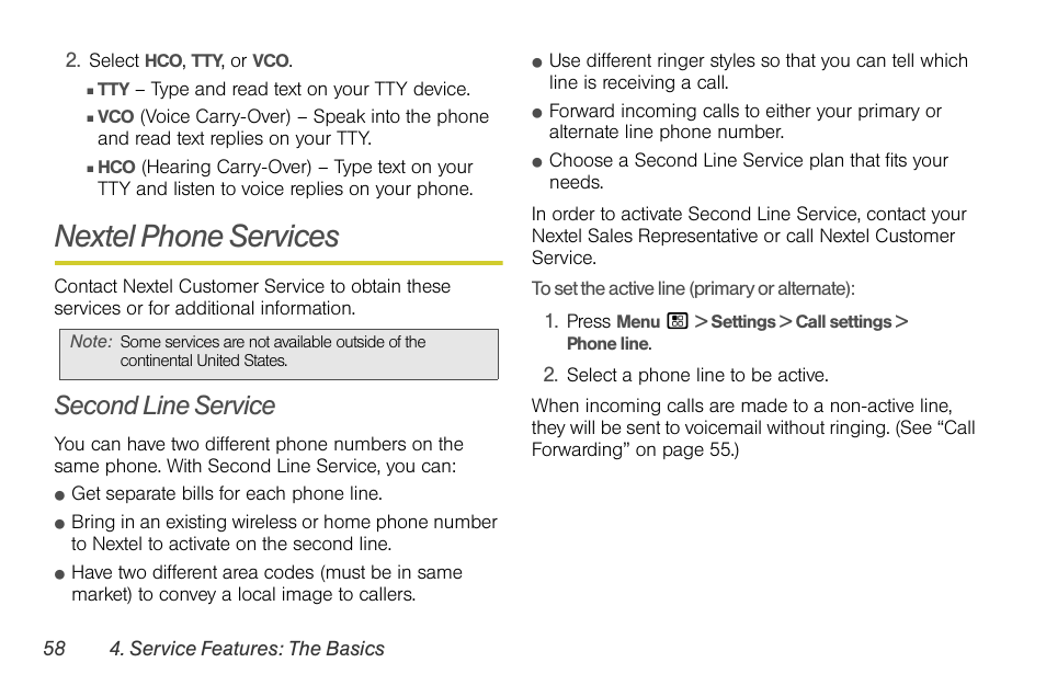 Nextel phone services, Second line service | Motorola I1 User Manual | Page 68 / 151