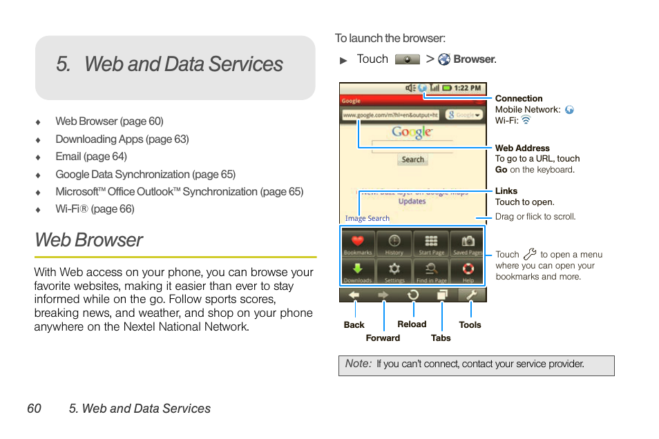 Web and data services, Web browser | Motorola I1 User Manual | Page 70 / 151