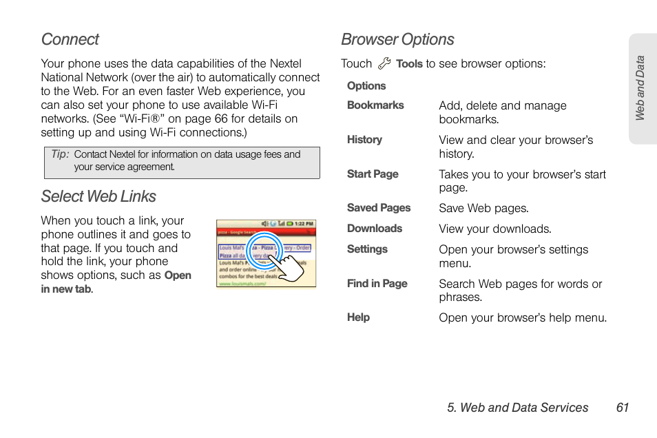 Connect, Select web links, Browser options | Motorola I1 User Manual | Page 71 / 151