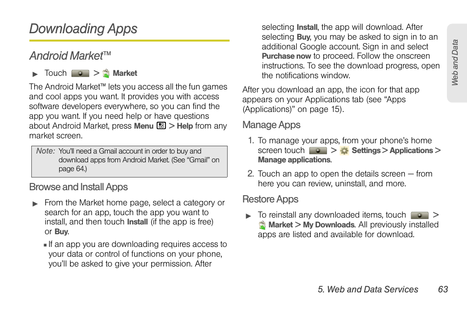 Downloading apps, Android market | Motorola I1 User Manual | Page 73 / 151