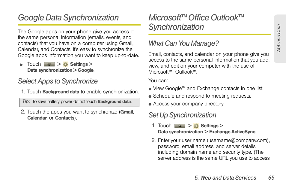 Google data synchronization, Select apps to synchronize, Microsoft™ office outlook™ synchronization | What can you manage, Set up synchronization, Microsoft | Motorola I1 User Manual | Page 75 / 151