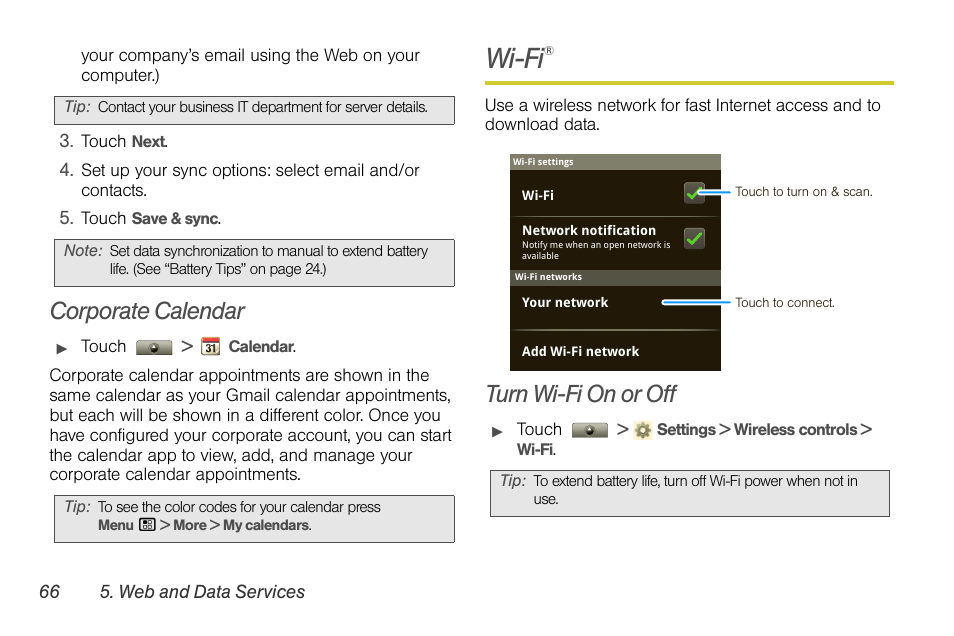 Corporate calendar, Wi-fi, Turn wi-fi on or off | Motorola I1 User Manual | Page 76 / 151