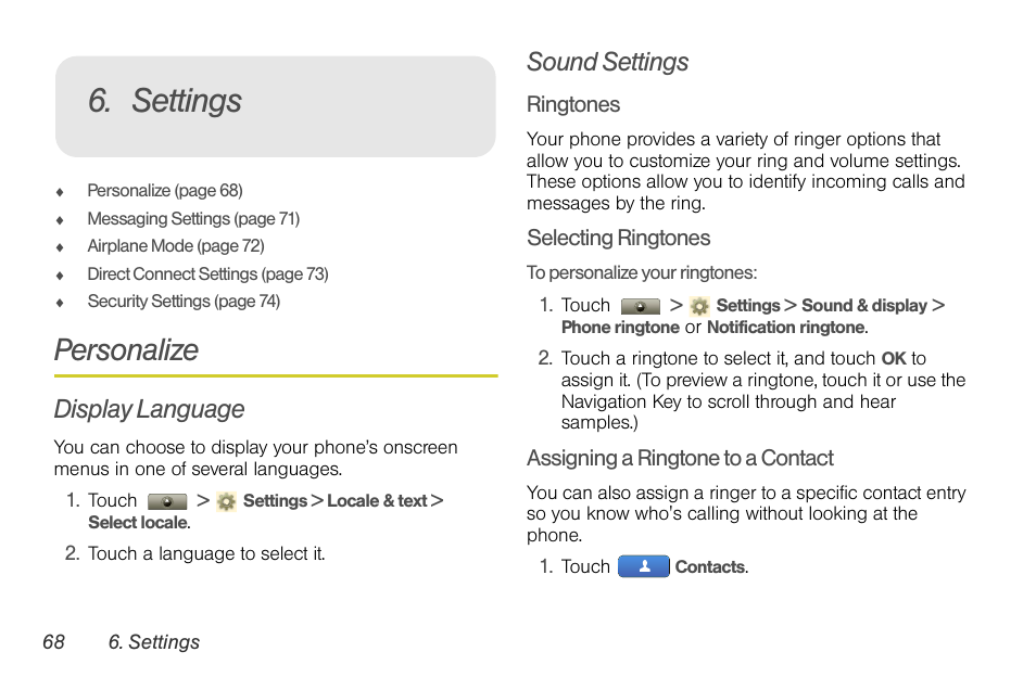 Settings, Personalize, Display language | Sound settings | Motorola I1 User Manual | Page 78 / 151