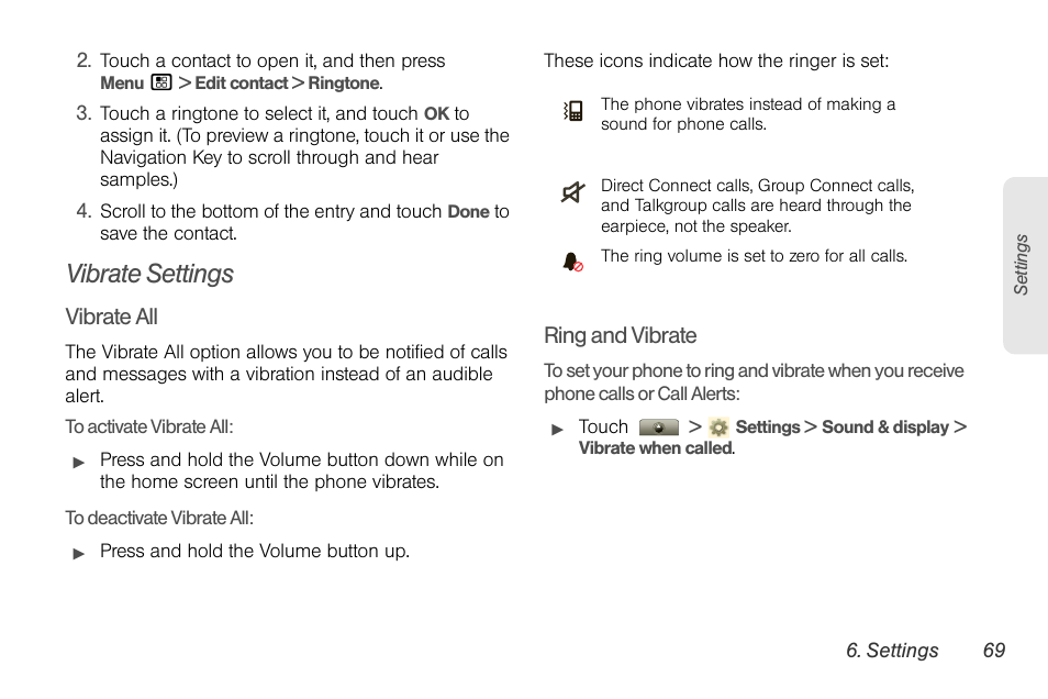 Vibrate settings | Motorola I1 User Manual | Page 79 / 151