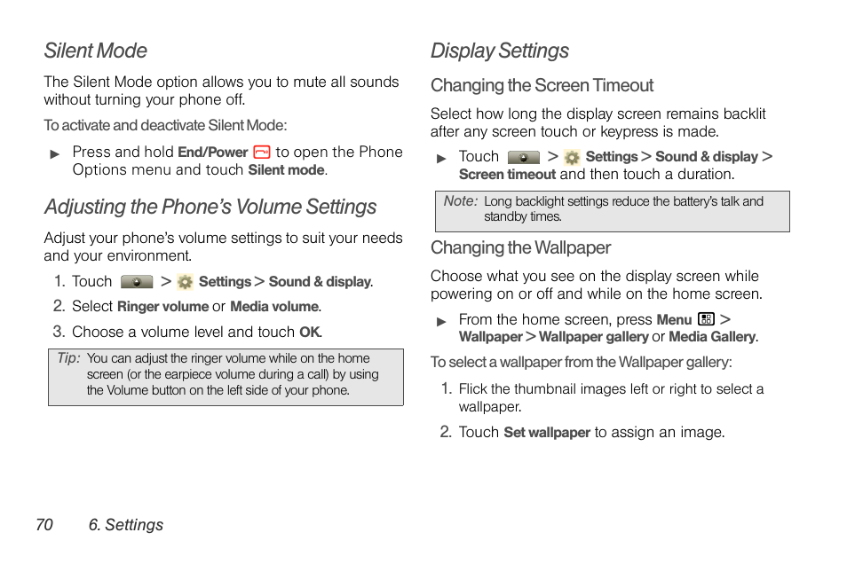 Silent mode, Adjusting the phone’s volume settings, Display settings | Motorola I1 User Manual | Page 80 / 151