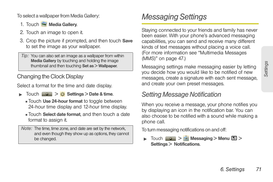 Messaging settings, Setting message notification, Changing the clock display | Motorola I1 User Manual | Page 81 / 151