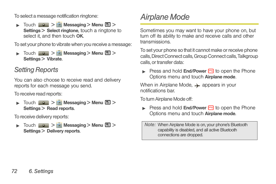 Setting reports, Airplane mode | Motorola I1 User Manual | Page 82 / 151