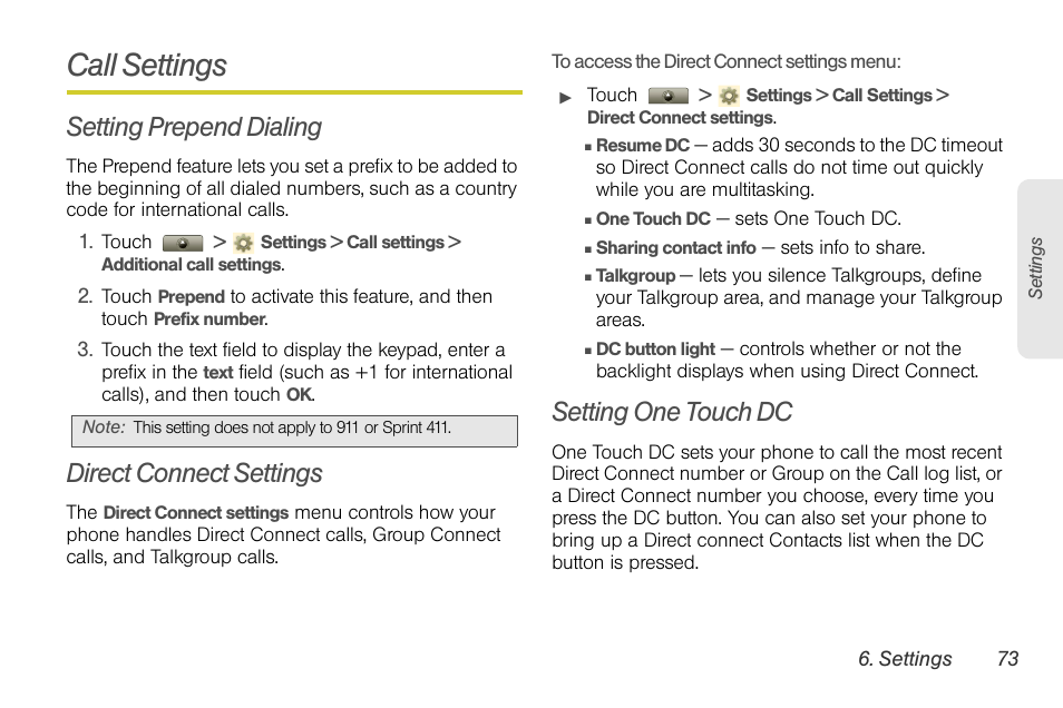 Call settings, Setting prepend dialing, Direct connect settings | Setting one touch dc | Motorola I1 User Manual | Page 83 / 151