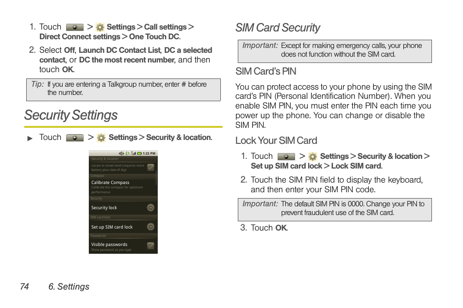 Security settings, Sim card security, Sim card’s pin | Lock your sim card | Motorola I1 User Manual | Page 84 / 151