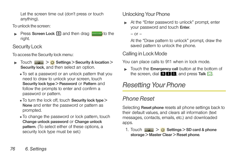 Resetting your phone, Phone reset, Security lock | Unlocking your phone, Calling in lock mode | Motorola I1 User Manual | Page 86 / 151