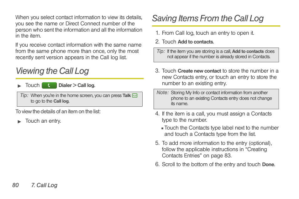 Viewing the call log, Saving items from the call log | Motorola I1 User Manual | Page 90 / 151